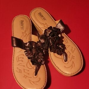 Born Brown Leather Floral Thong Sandals